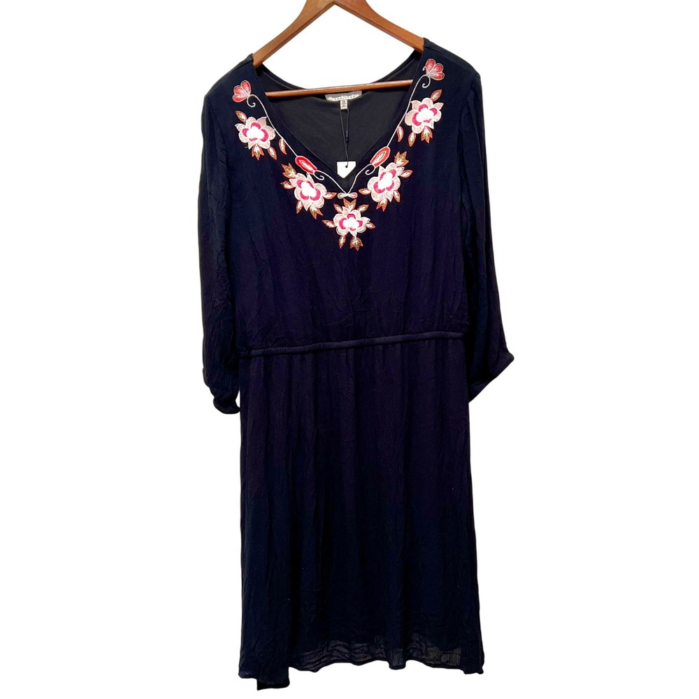 Speed Control Black Embroidered V-Neck Midi Dress Long Sleeve Rayon Flowy Boho